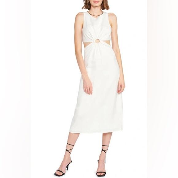 EN SAISON Sophie Sleeveless Cut Out Midi Dress Off White Linen Blend NWT S Flaw* - Picture 1 of 8